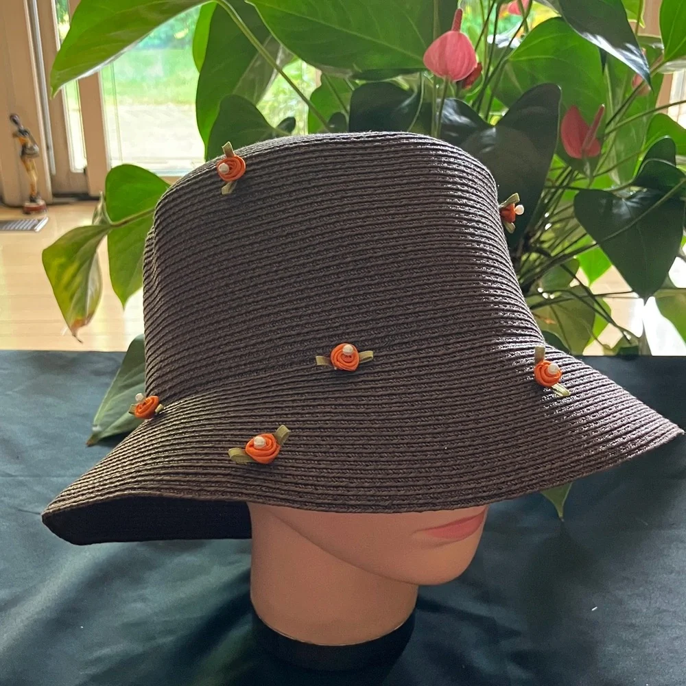 Stylish Brown Hat with Orange Floral Accents - Picture 1 of 4